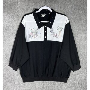 Vintage GW Graff Top Womens Size‎ 3X Black White Cafe Tropical Beach Embroidered